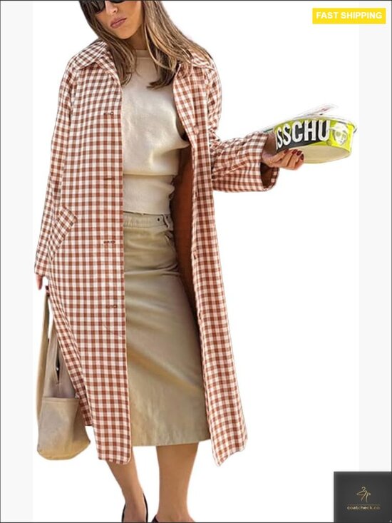 Jackets & Blazers - Classic Plaid Trench Coat Long Jacket Single Breasted Barn Style Outerwear